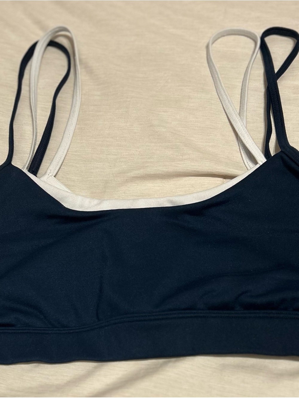 ALO Yoga Navy Bralette with White layered inset and Double Straps